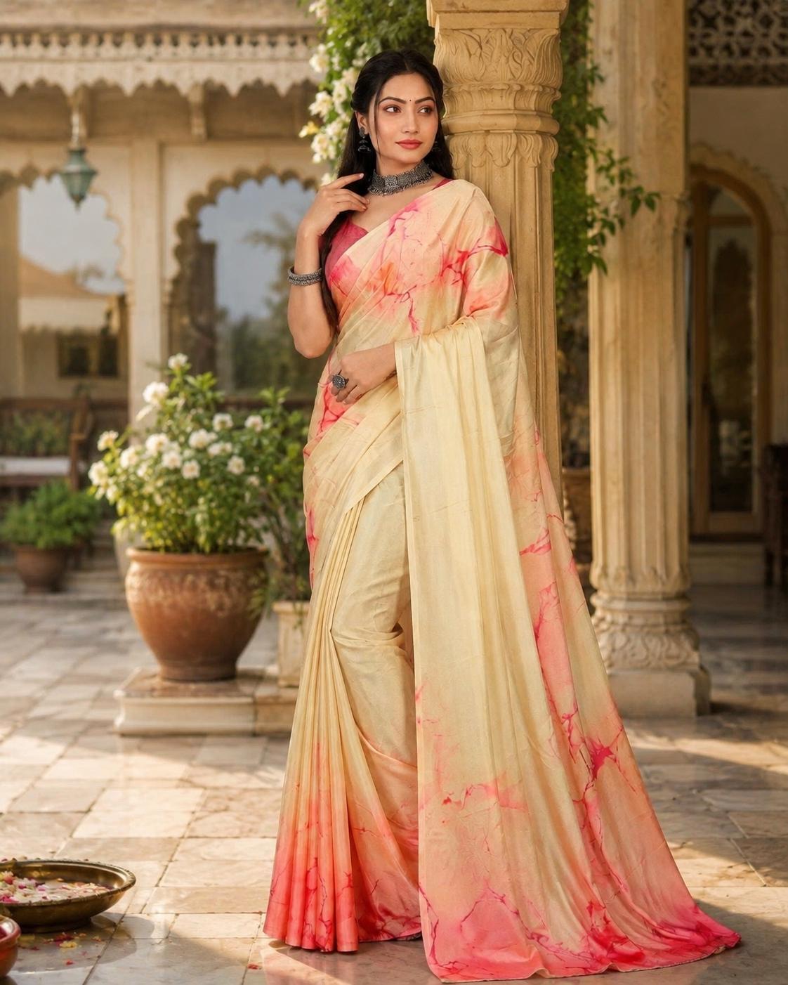 Satin Silk Printed Saree With Unstitched Blouse(beige) image 3
