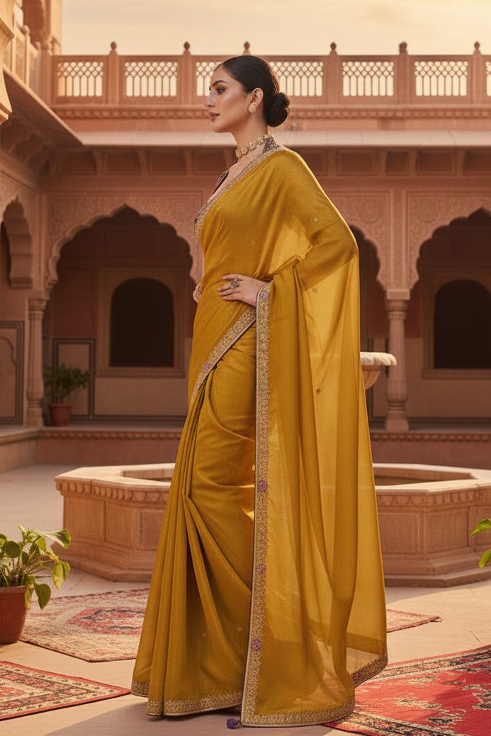 Premium Tissue Silk Embroidery Work Saree With Unstitched Blouse(mustard) image 3