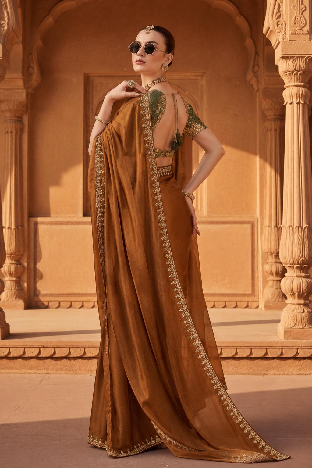 Premium Tissue Silk Embroidery Work Saree With Unstitched Blouse(brown) image 3
