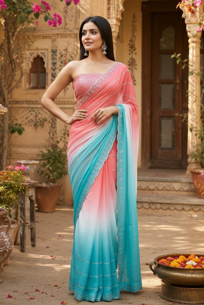 Georgette Swarovski Printed Saree With Unstitched Blouse(pink) image 3