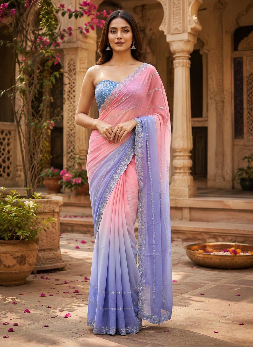 Georgette Swarovski Printed Saree With Unstitched Blouse(light Pink) image 3