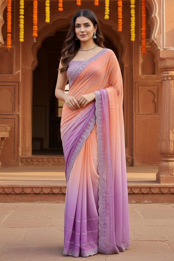 Georgette Swarovski Printed Saree With Unstitched Blouse(orange) image 3