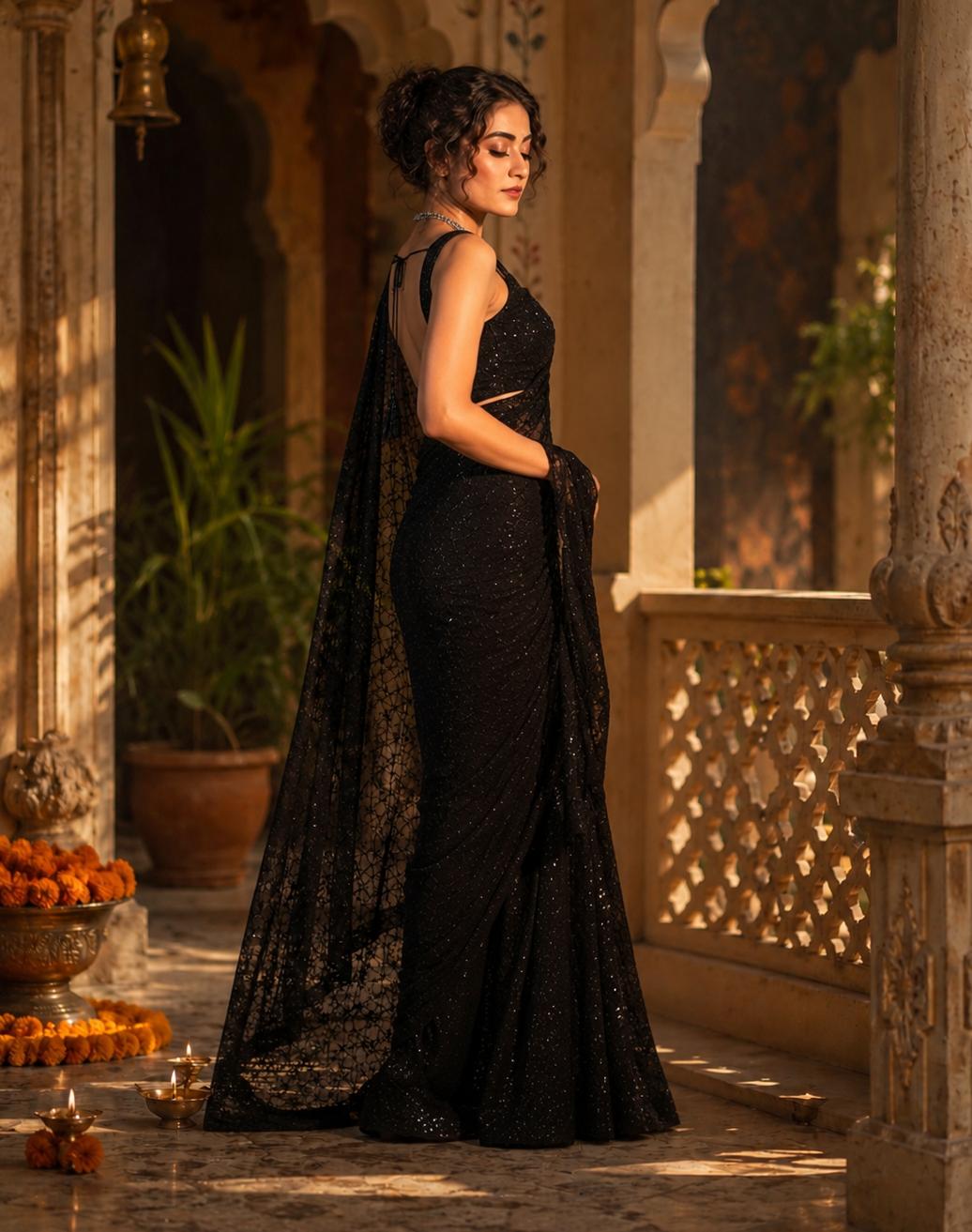 Soft Net Sequins Embroidery Work Border Scallop Saree With Unstitched Blouse (BLACK) image 3