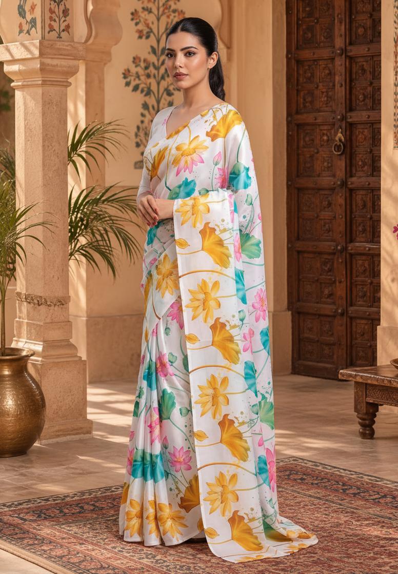 Premium Satin Silk Printed Saree With Unstitched Blouse(white) image 3