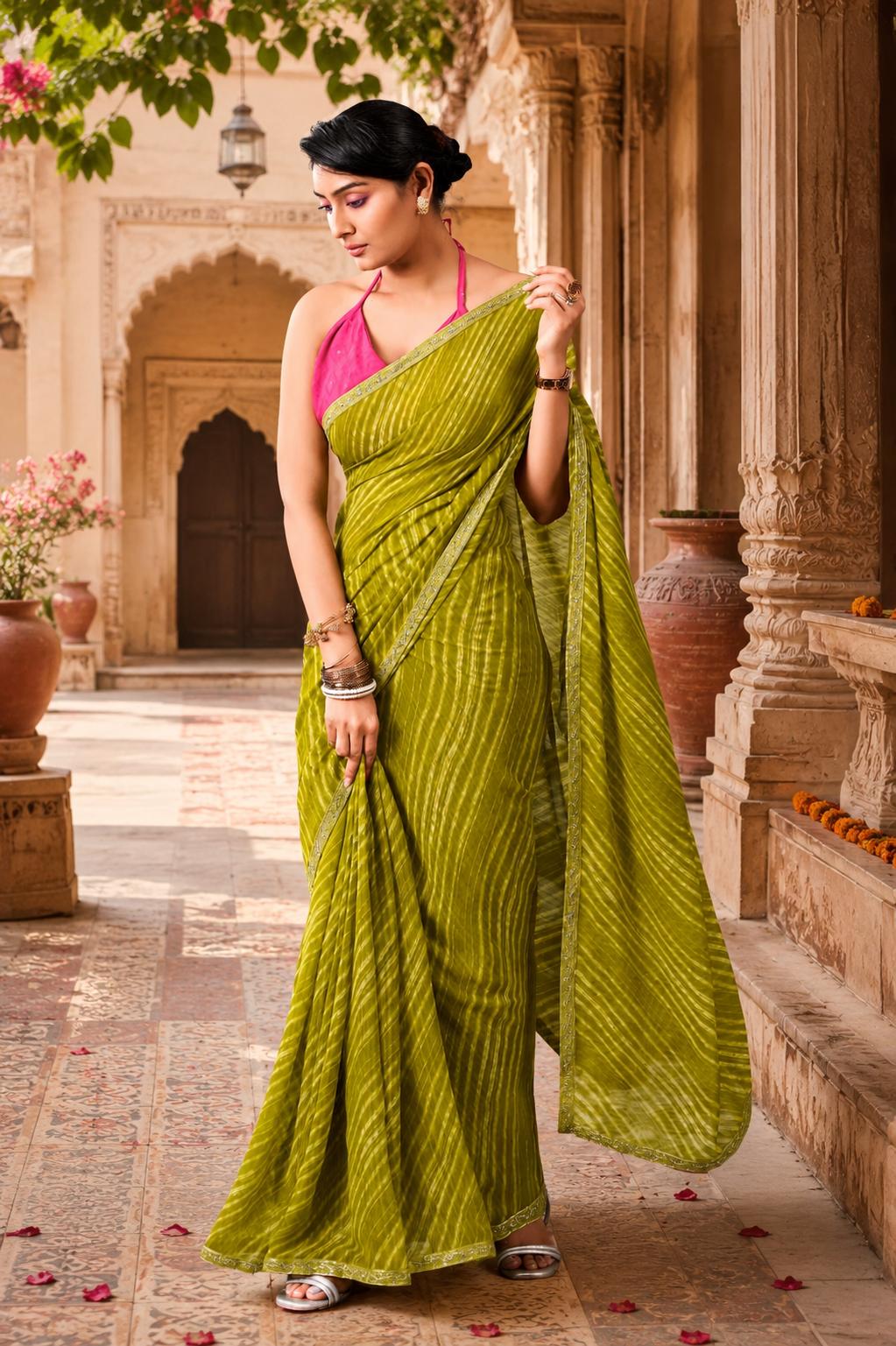 Premium Georgette Bandhani Work Saree With Unstitched Blouse(green) image 3