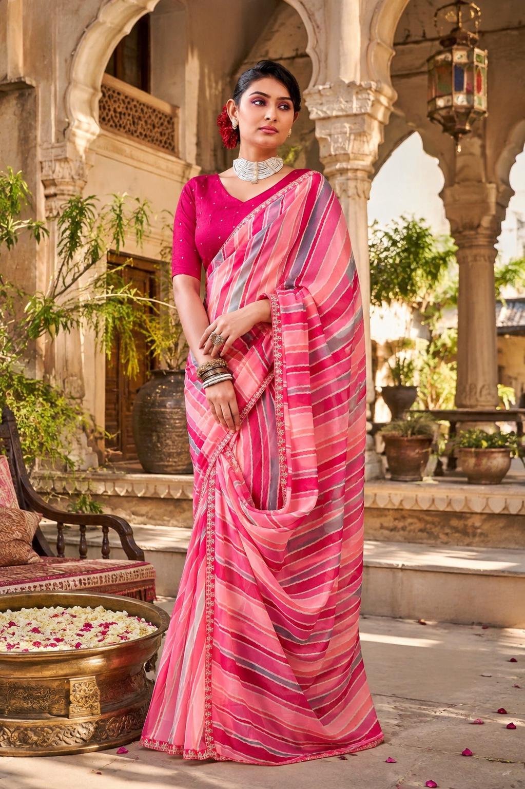 Premium Georgette Bandhani Work Saree With Unstitched Blouse(pink) image 3