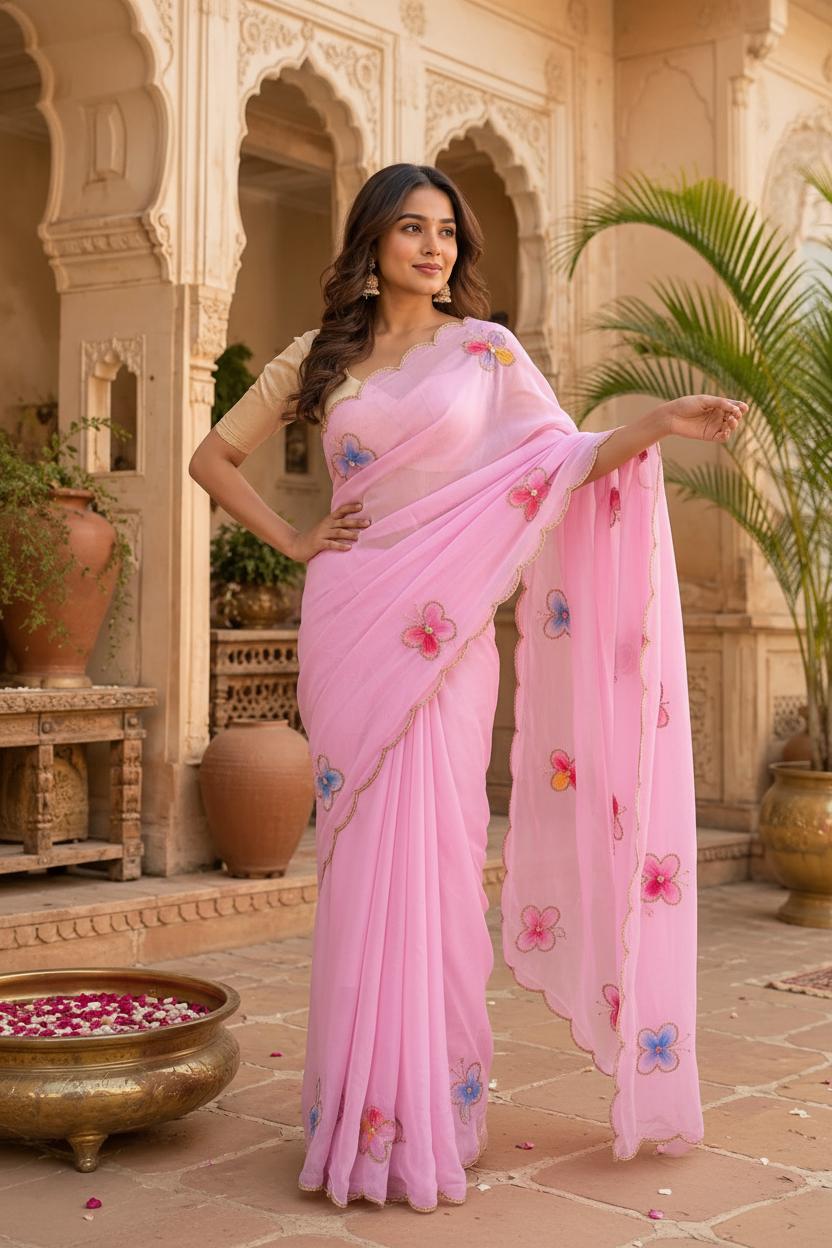 Premium Georgette Butterfly Patch Work Saree With Unstitched Blouse(pink) image 3
