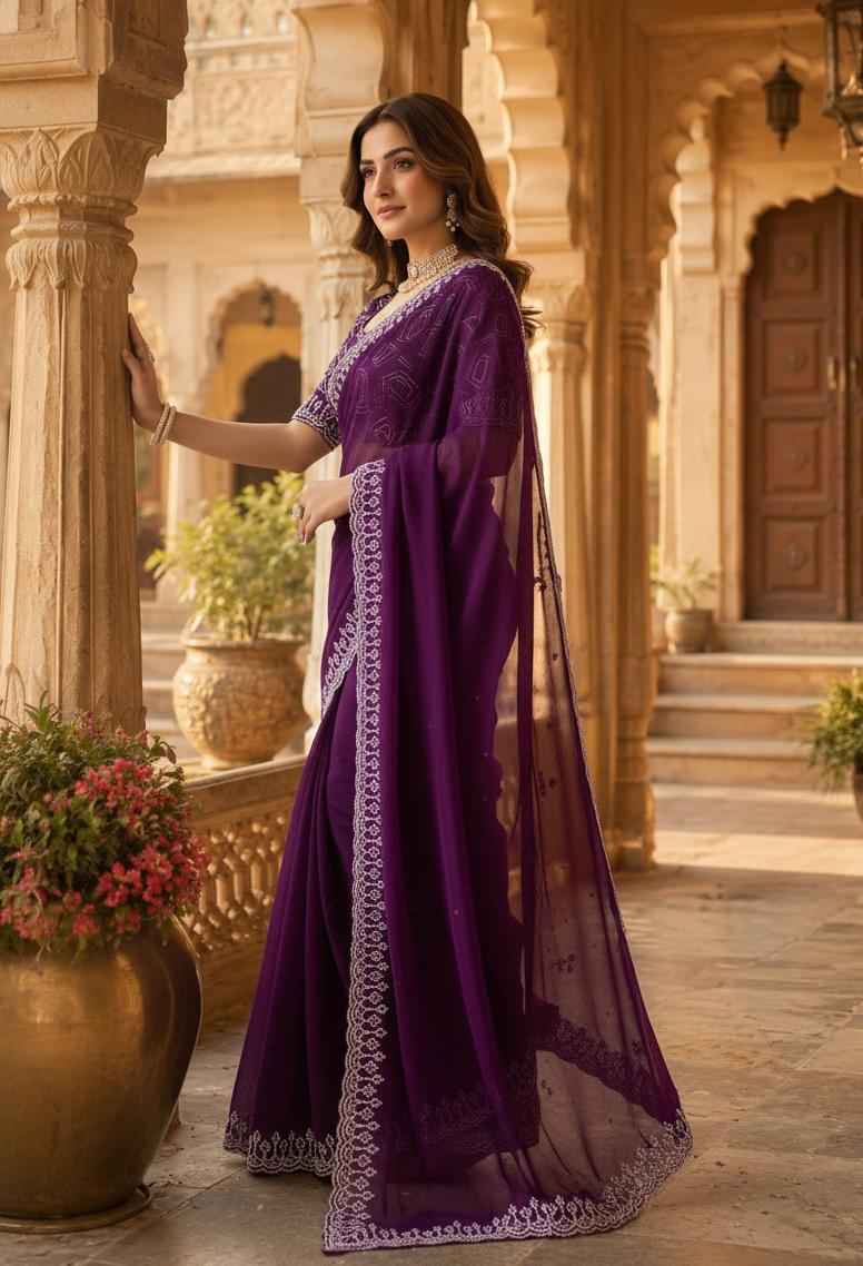Premium Georgette Sequins Border Work Saree With Unstitched Blouse(wine) image 3