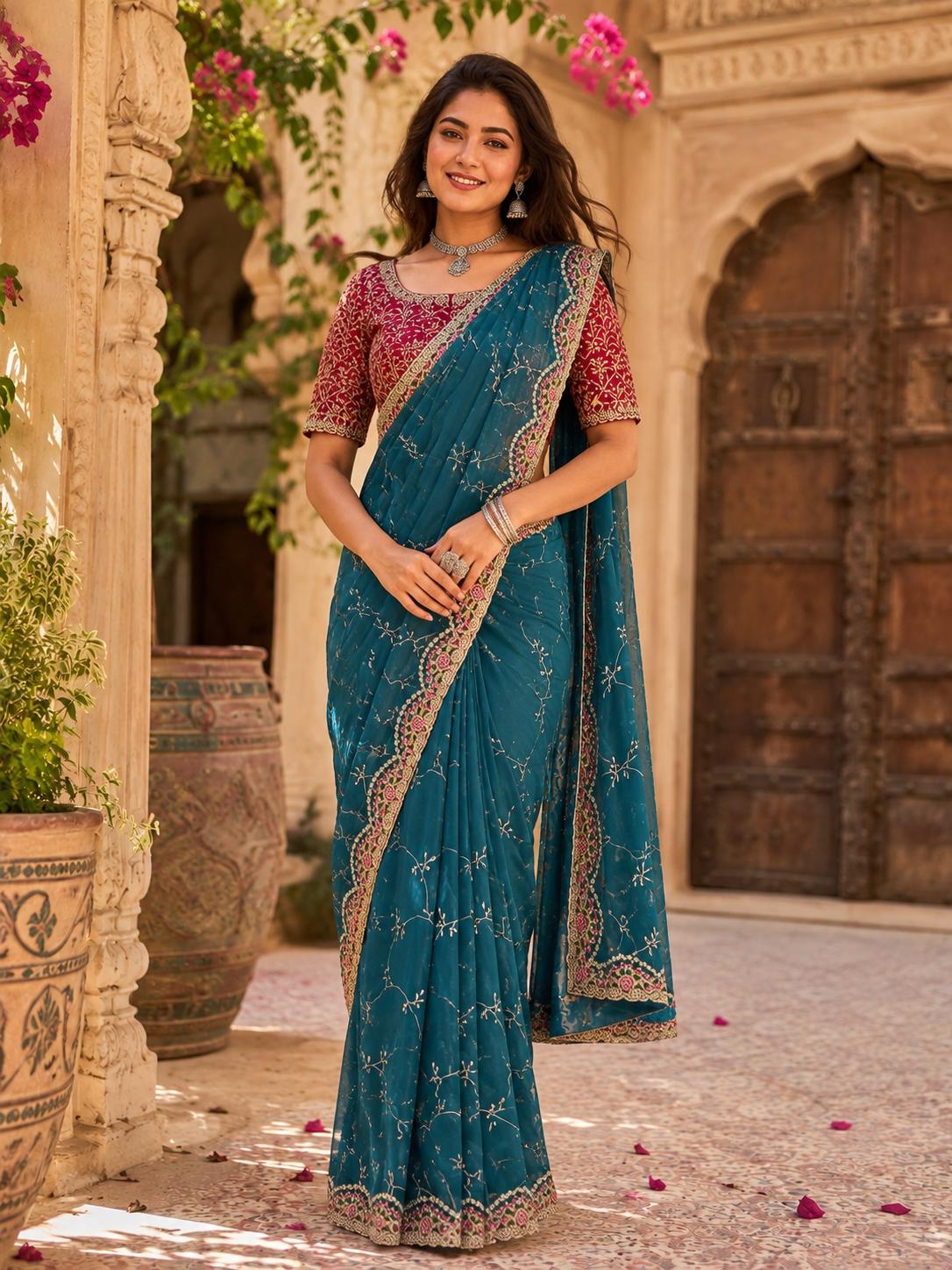 Premium Georgette Embroidery Thread Work Saree With Unstitched Blouse(blue) image 3