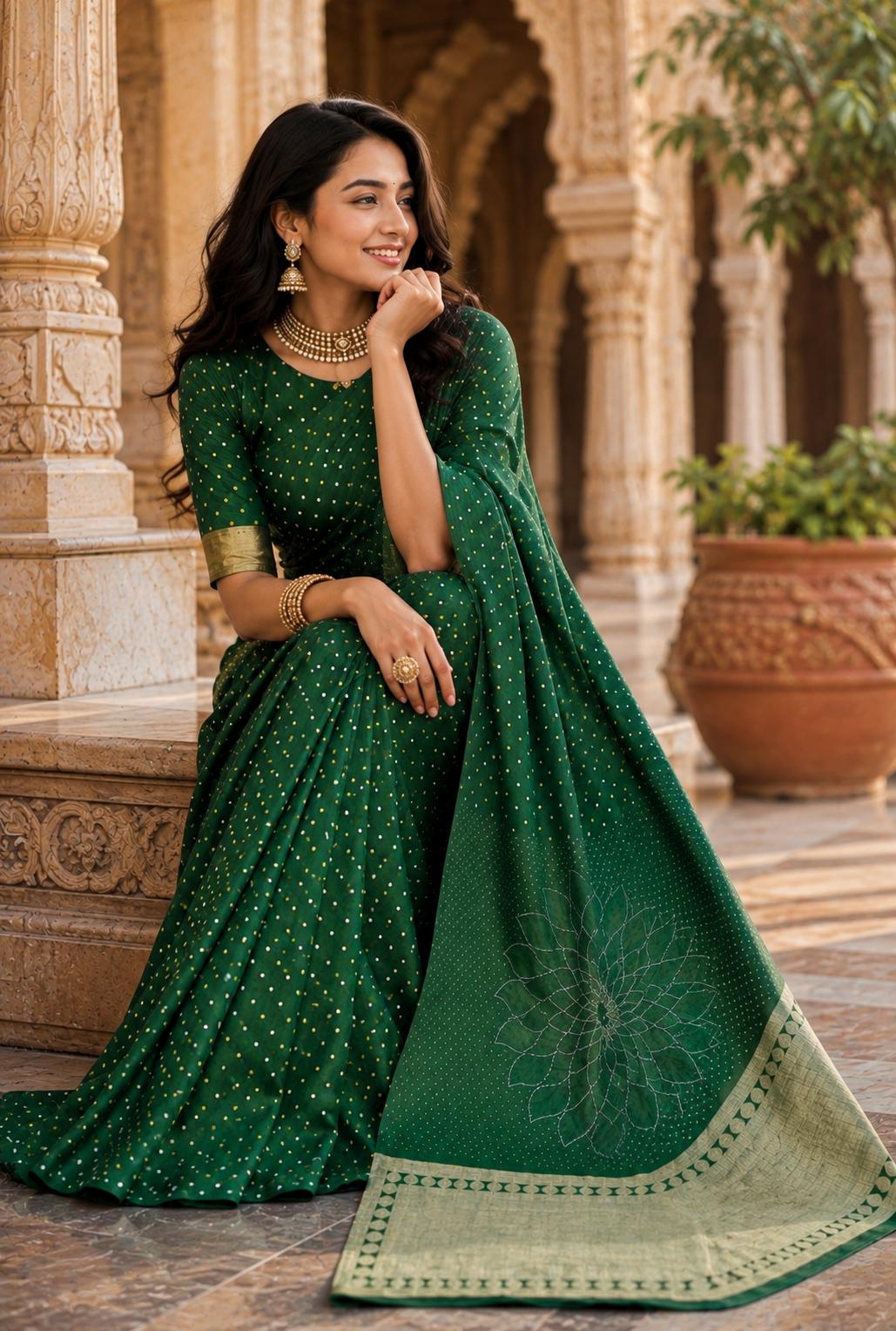 Satin Silk Bandhani Bhej Work Saree With Unstitched Blouse(green) image 3