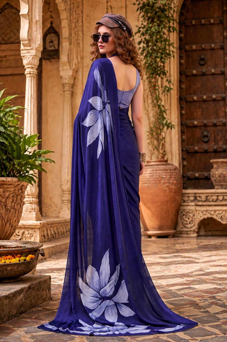 Stunning Satin Silk Floral Printed Saree With Unstitched Blouse(blue) image 3