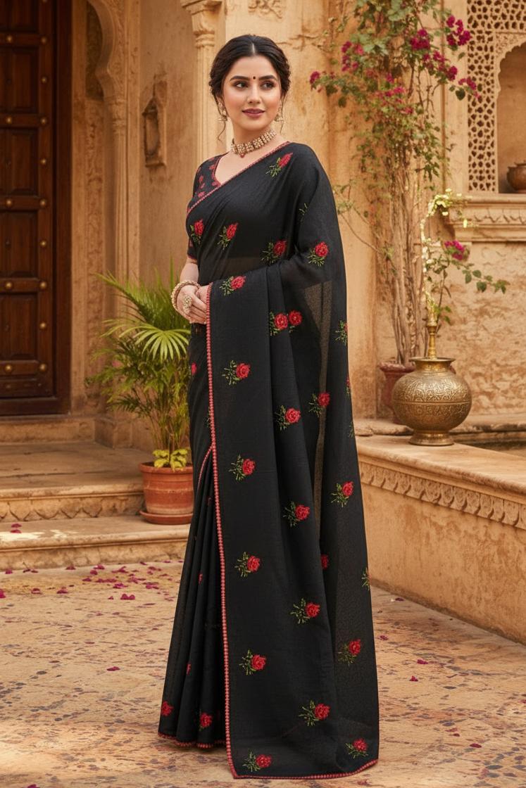 Premium Soft Kota Doria Saree With Unstitched Blouse(black) image 3