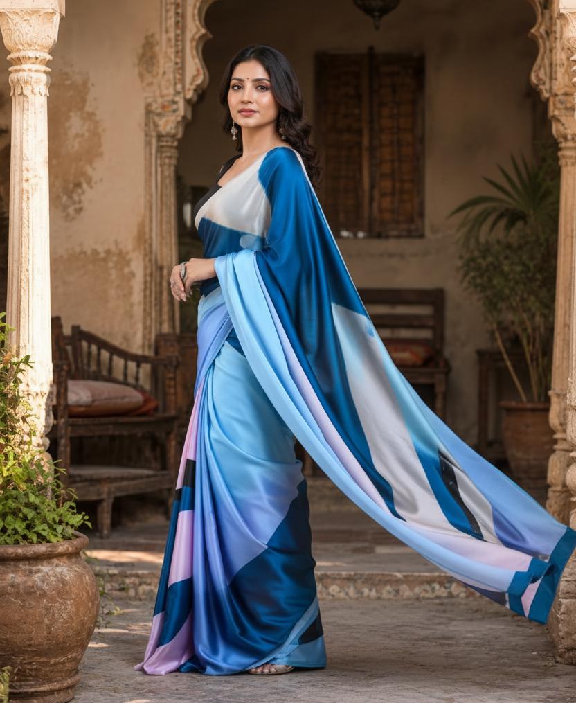 Premium Satin Silk Saree With Unstitched Blouse(blue) image 3