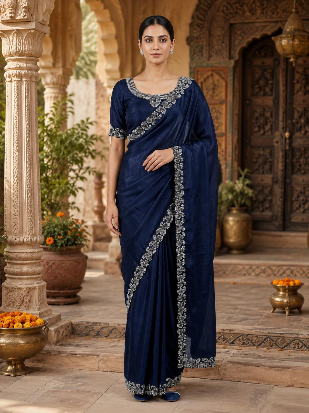 Elegant Zarkhan Diamond Work Space Silk Saree With Unstitched Blouse(navy Blue) image 3