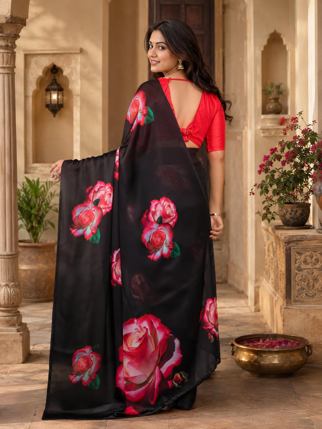 Satin Silk Printed Saree With Unstitched Blouse(red) image 3