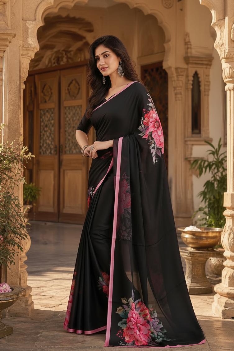 Satin Silk Printed Saree With Unstitched Blouse(black) image 3