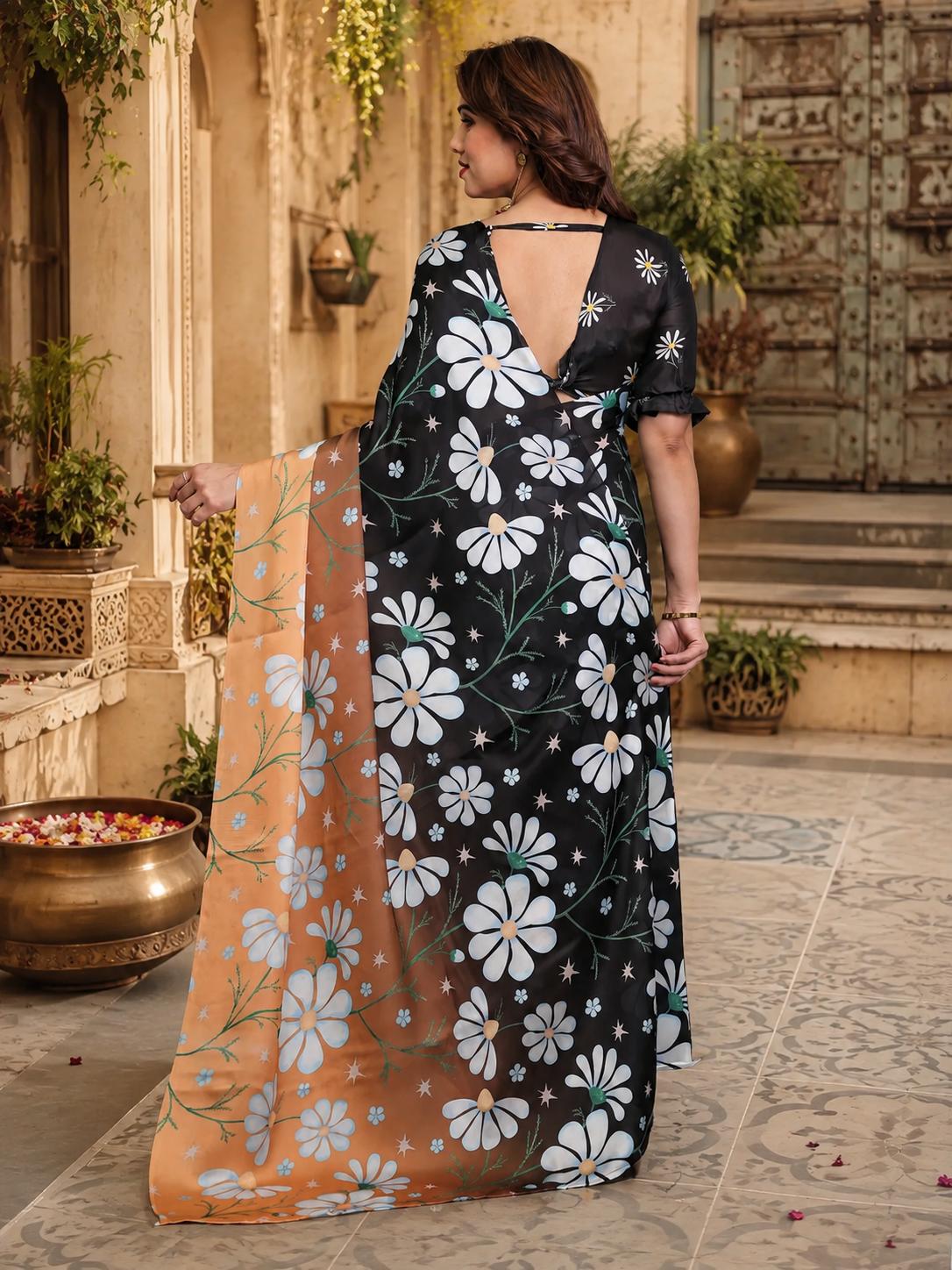 Satin Silk Printed Saree With Unstitched Blouse(peach) image 3