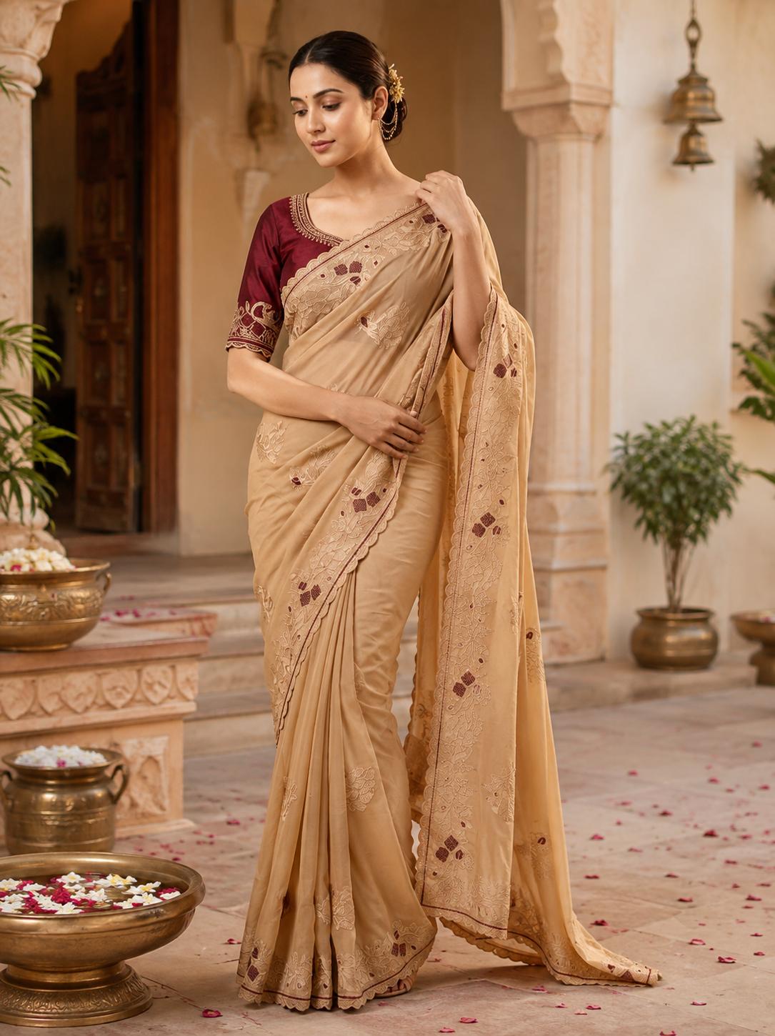 Premium Georgette Multi Embroidery Work Saree With Unstitched Blouse(golden) image 3