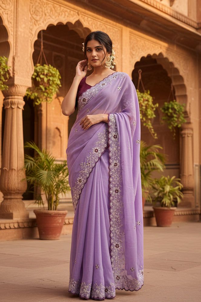 Premium Georgette Saree With Unstitched Blouse(lavender) image 3