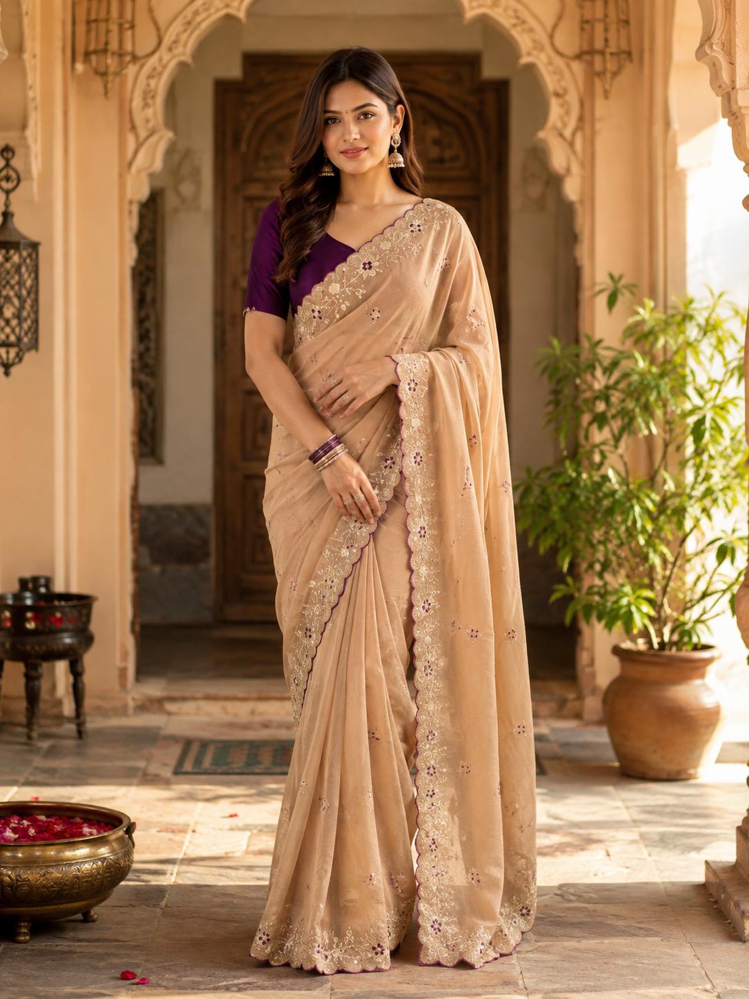 Premium Georgette Saree With Unstitched Blouse(beige) image 3