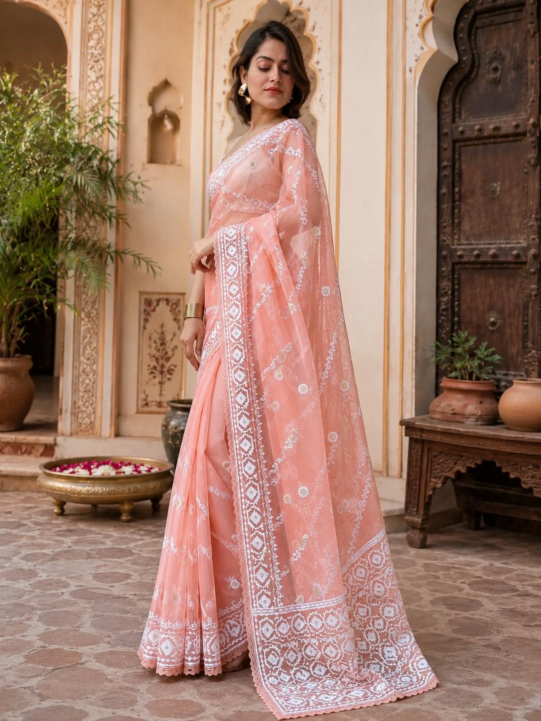 Organza Silk Embroidery Work Saree With Unstitched Blouse(baby Pink) image 3