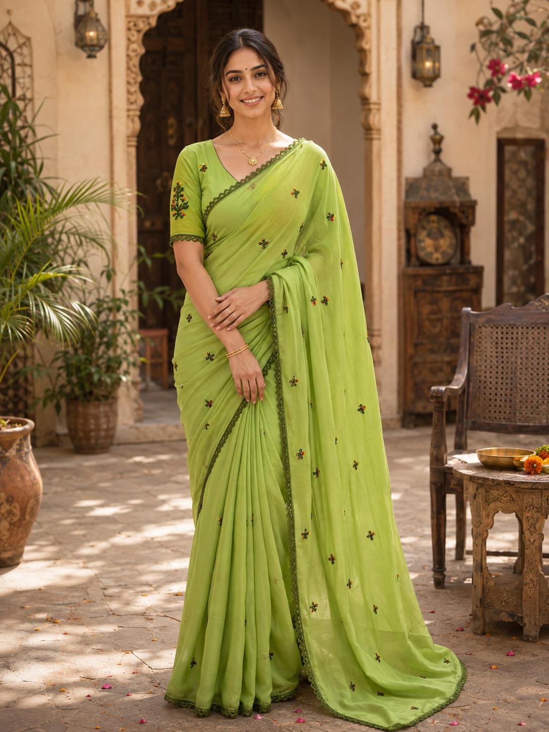 Soft Silk Embroidery Saree With Unstitched Blouse(green) image 3