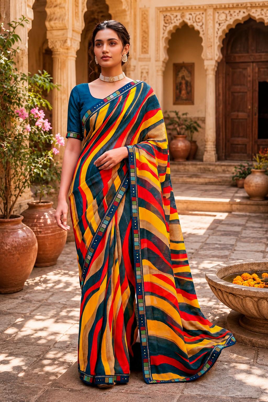 Georgette Digital Print Saree With Unstitched Blouse(yellow) image 3