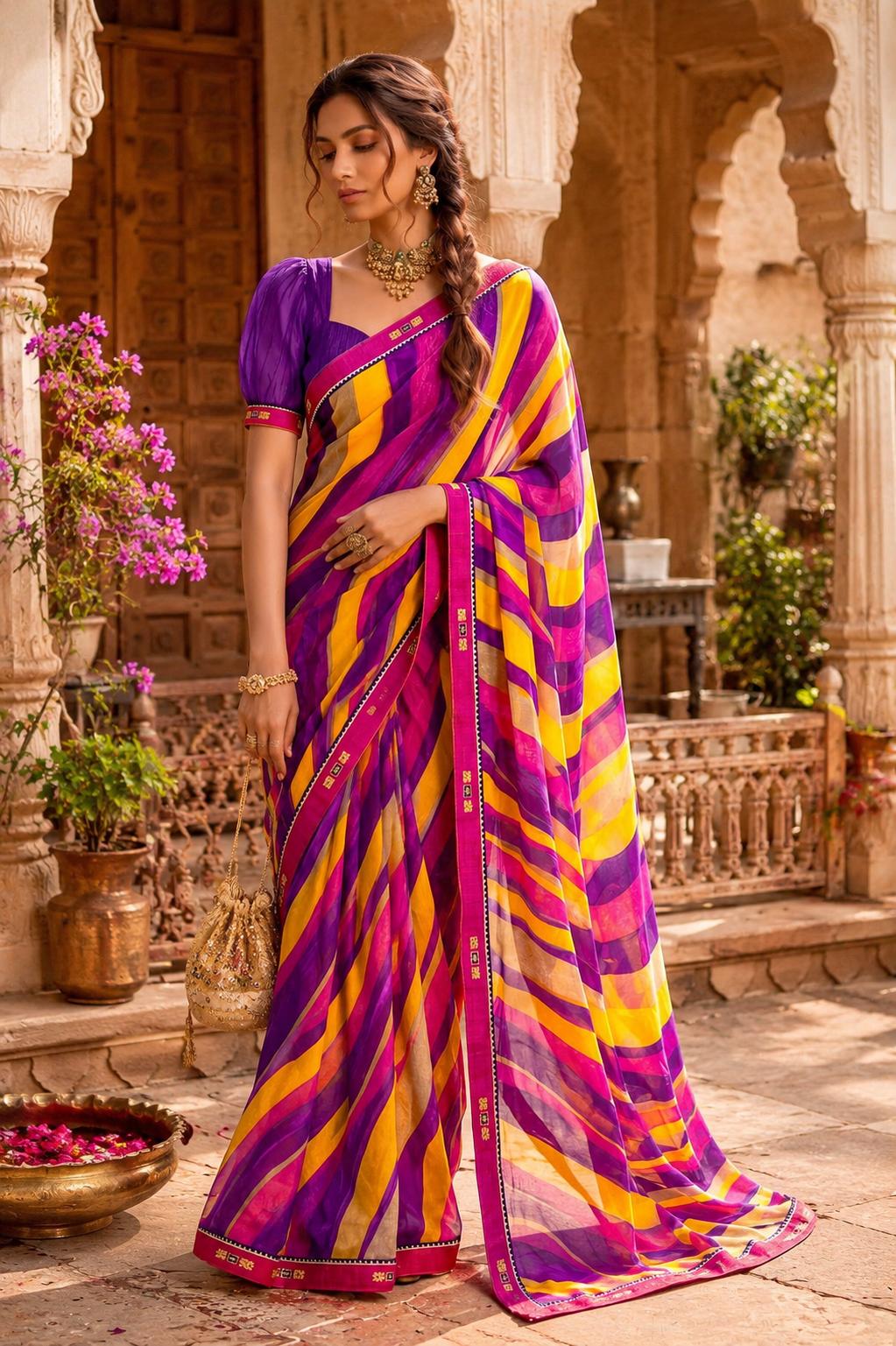 Georgette Digital Print Saree With Unstitched Blouse(purple) image 3
