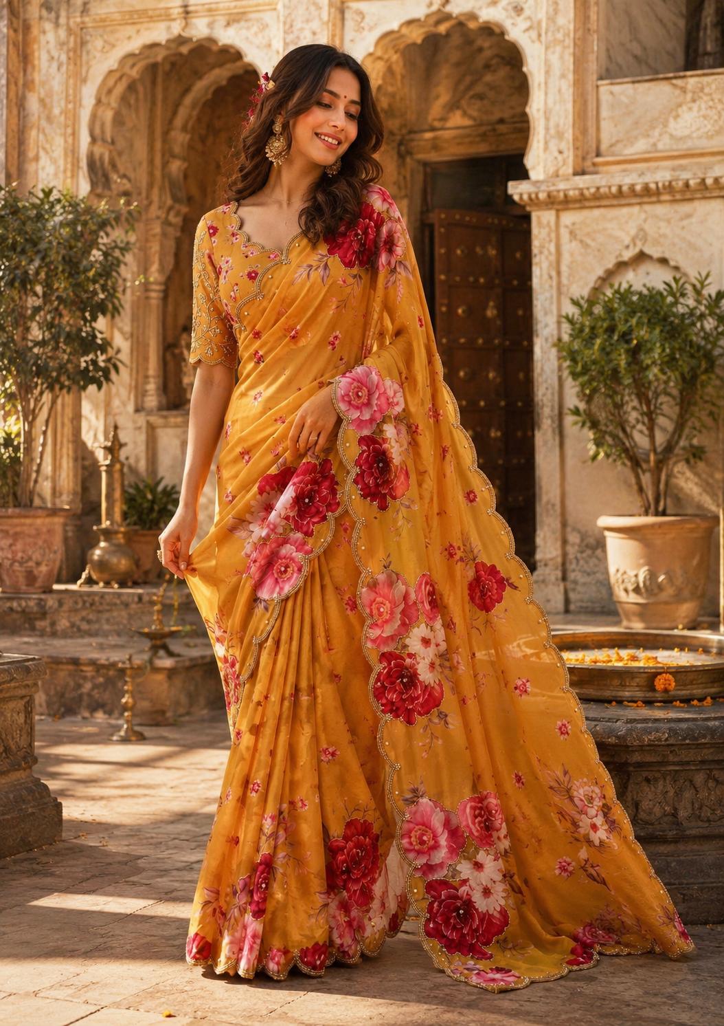 Premium Georgette Digital Floral Print Saree With Unstitched Blouse(yellow) image 3