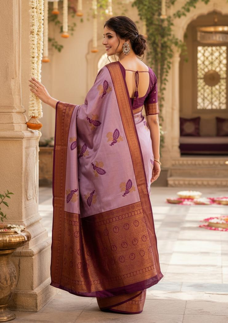 Pure Banarasi Silk Saree With Unstitched Blouse(lavender) image 3