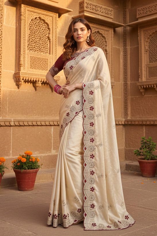 Premium Rangoli Silk Embroidery Work Saree With Unstitched Blouse(white) image 3