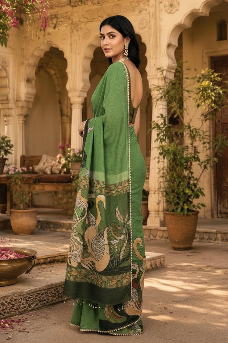 Georgette Printed Moti Lace Border Saree With Unstitched Blouse(green) image 3