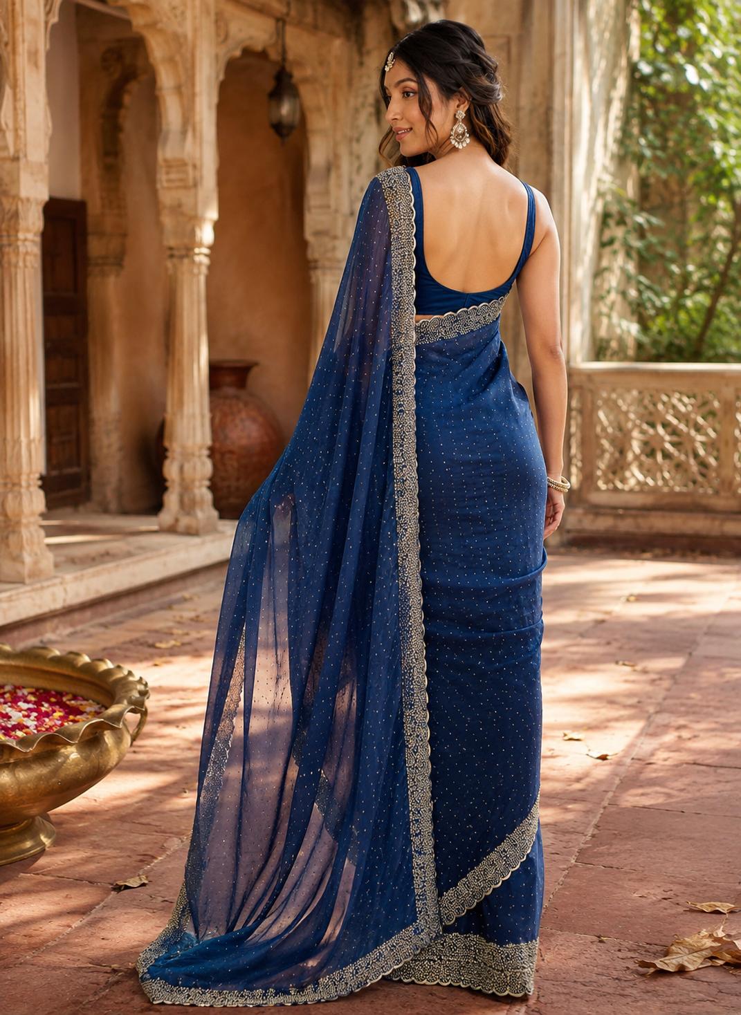 Soft Space Silk Diamond Lace Border Saree With Unstitched Blouse(navy Blue) image 3