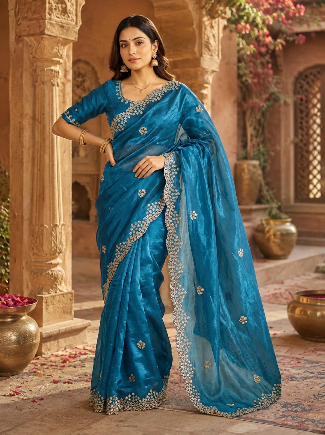 Space Silk Sequins Work Saree With Unstitched Blouse(blue) image 3