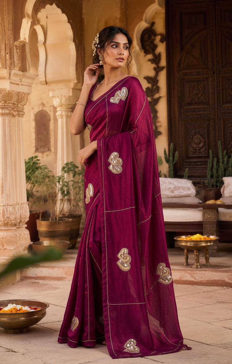 Space Silk Sequins Work Saree With Unstitched Blouse(wine) image 3