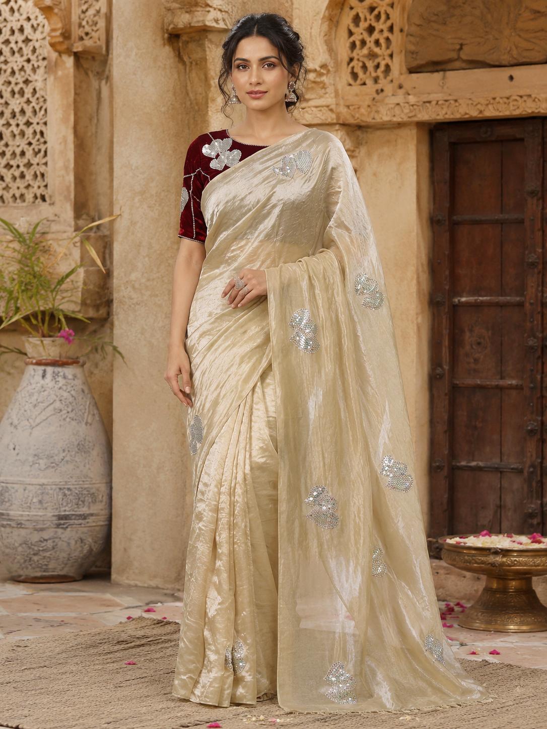 Space Silk Sequins Work Saree With Unstitched Blouse(off White) image 3