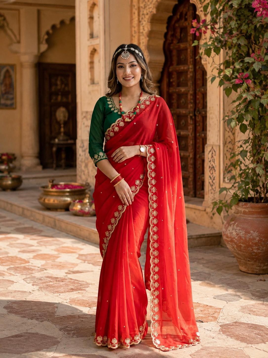 Georgette Embroidery Sequins Work Saree With Unstitched Blouse(red) image 3