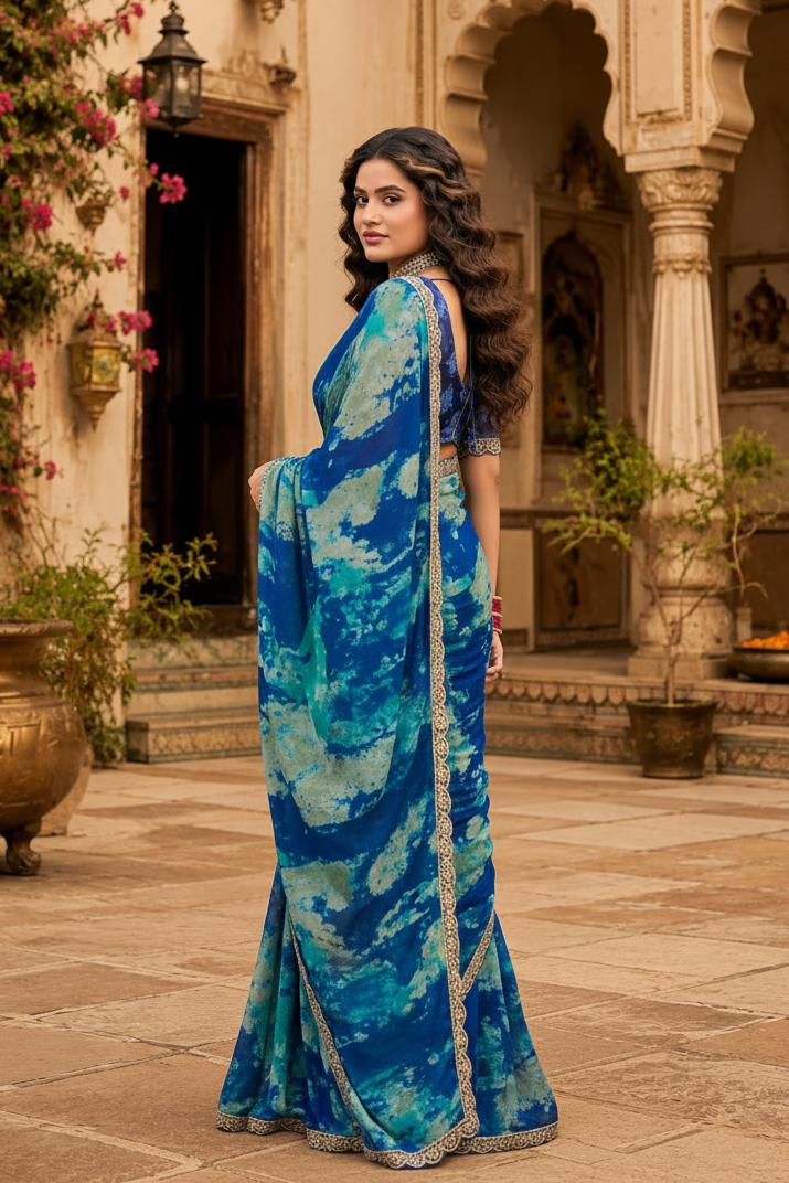 Chiffon Printed Saree With Unstitched Blouse(blue) image 3