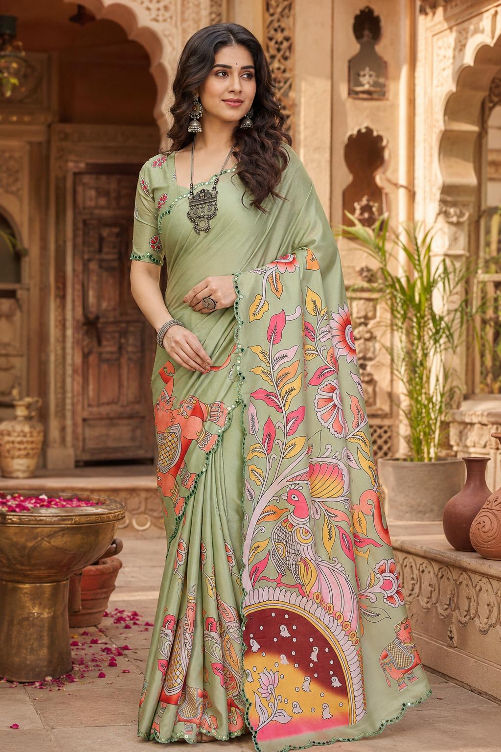 Manipuri Silk Kalamkari Print Saree With Unstitched Blouse(green) image 3
