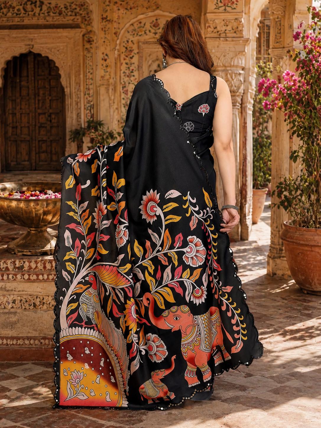 Manipuri Silk Kalamkari Print Saree With Unstitched Blouse(black) image 3