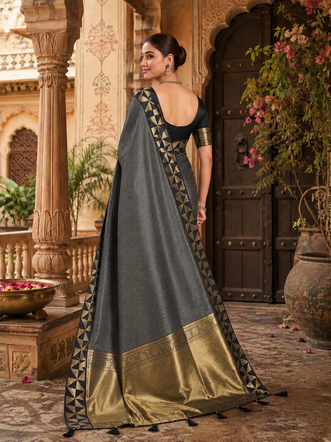 Premium Art Silk Zari Triangle Border Saree With Unstitched Blouse(grey) image 3