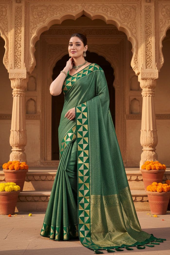 Premium Art Silk Zari Triangle Border Saree With Unstitched Blouse(green) image 3