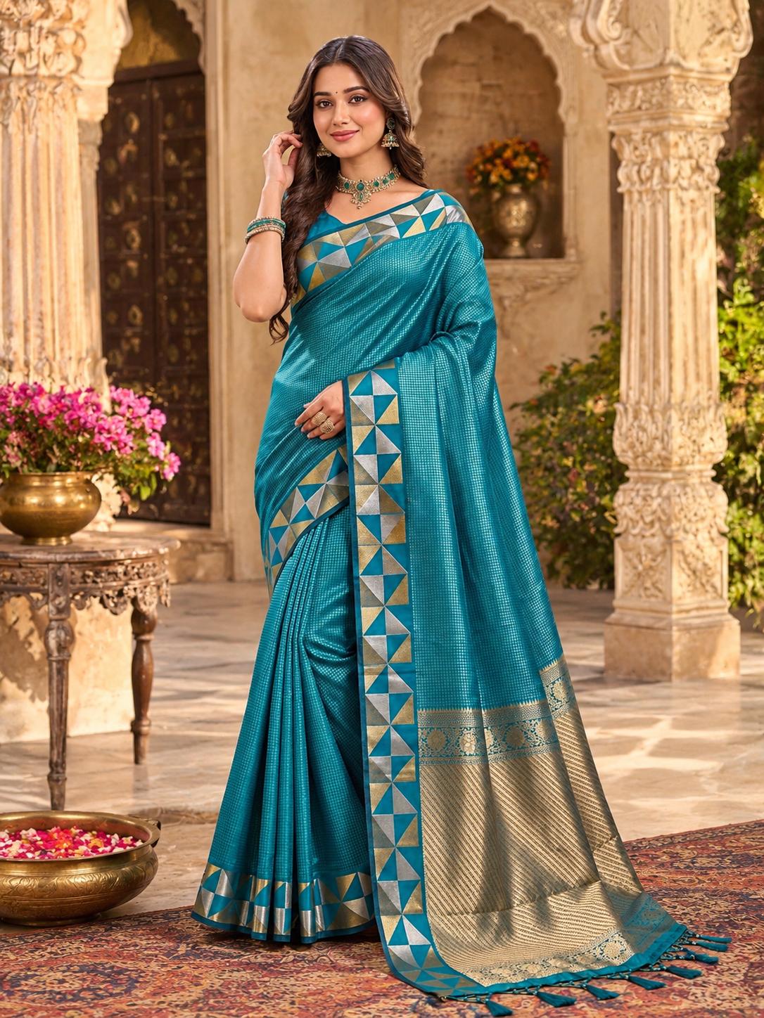 Premium Art Silk Zari Triangle Border Saree With Unstitched Blouse(sky) image 3