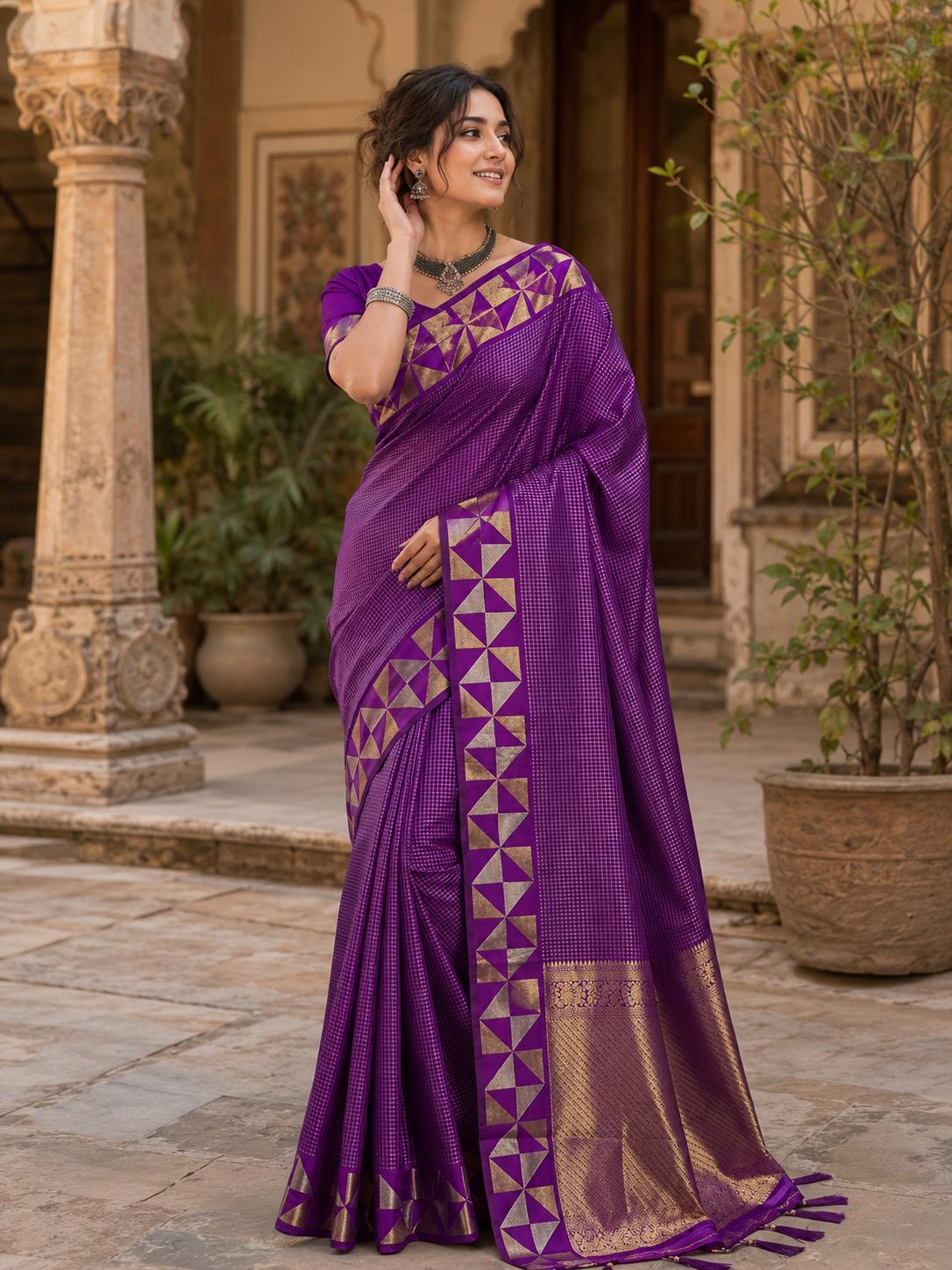 Premium Art Silk Zari Triangle Border Saree With Unstitched Blouse(purple) image 3