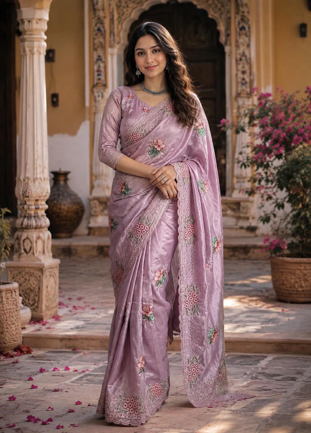 Georgette Multi Embroidery Work Saree With Unstitched Blouse(pink) image 3