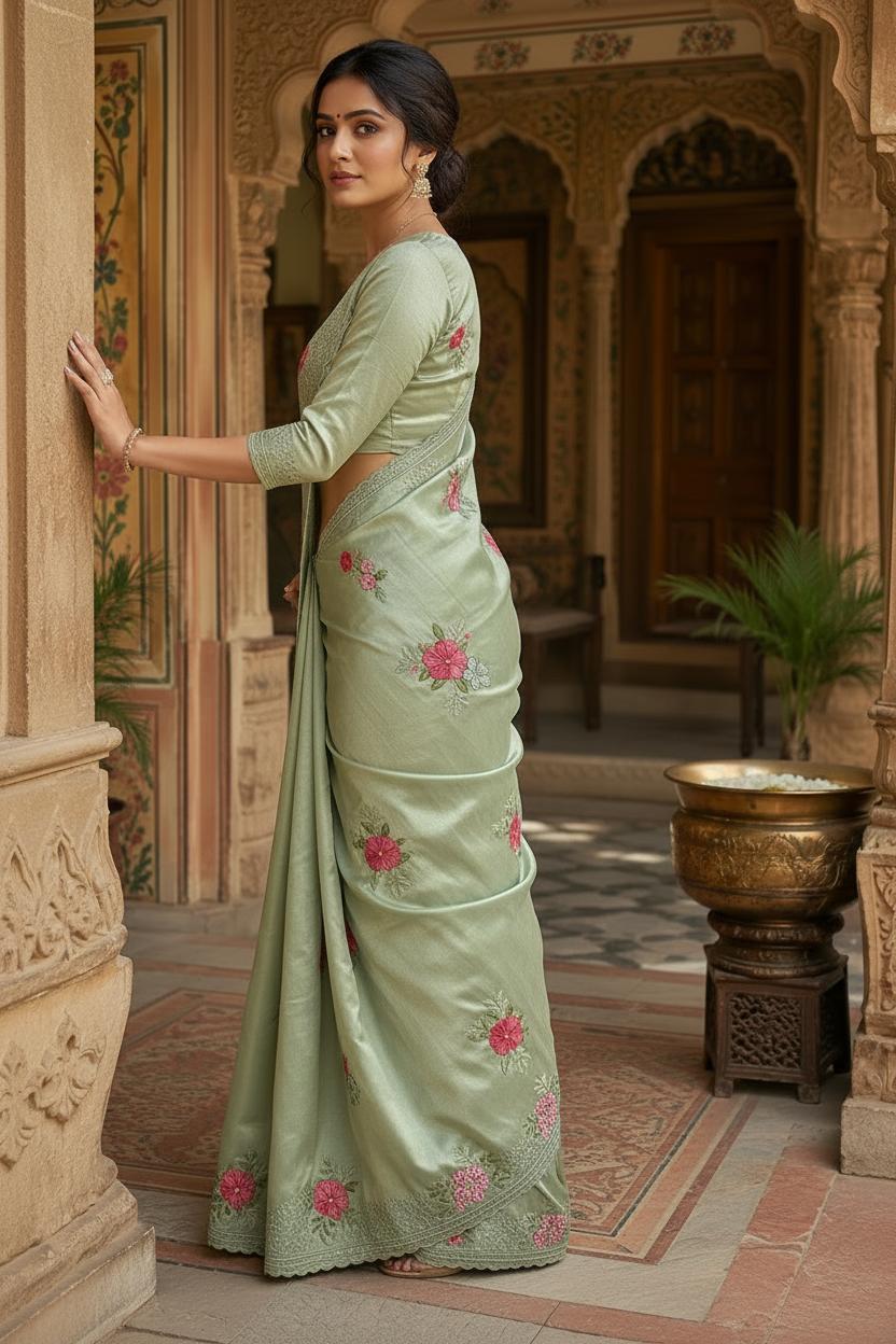 Georgette Multi Embroidery Work Saree With Unstitched Blouse(teal) image 3