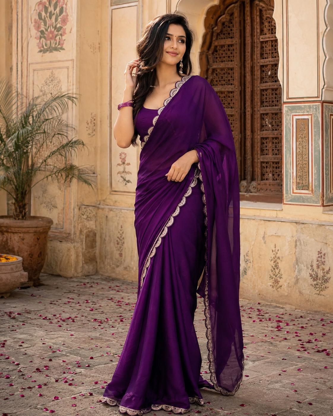Jimmy Choo Bollywood Saree With Unstitched Blouse(purple) image 3