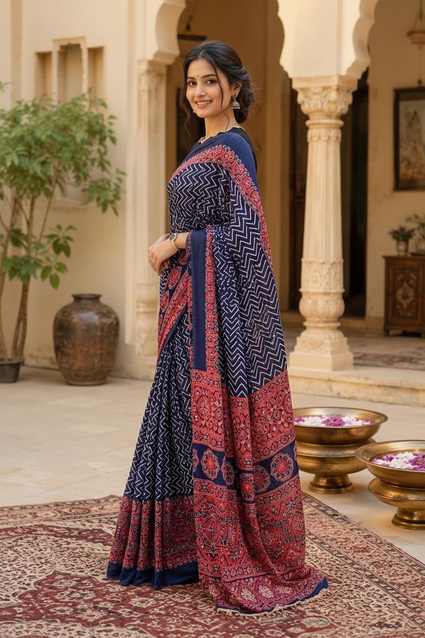 Premium Satin Silk Ajrarakh Print Saree With Unstitched Blouse(blue) image 3