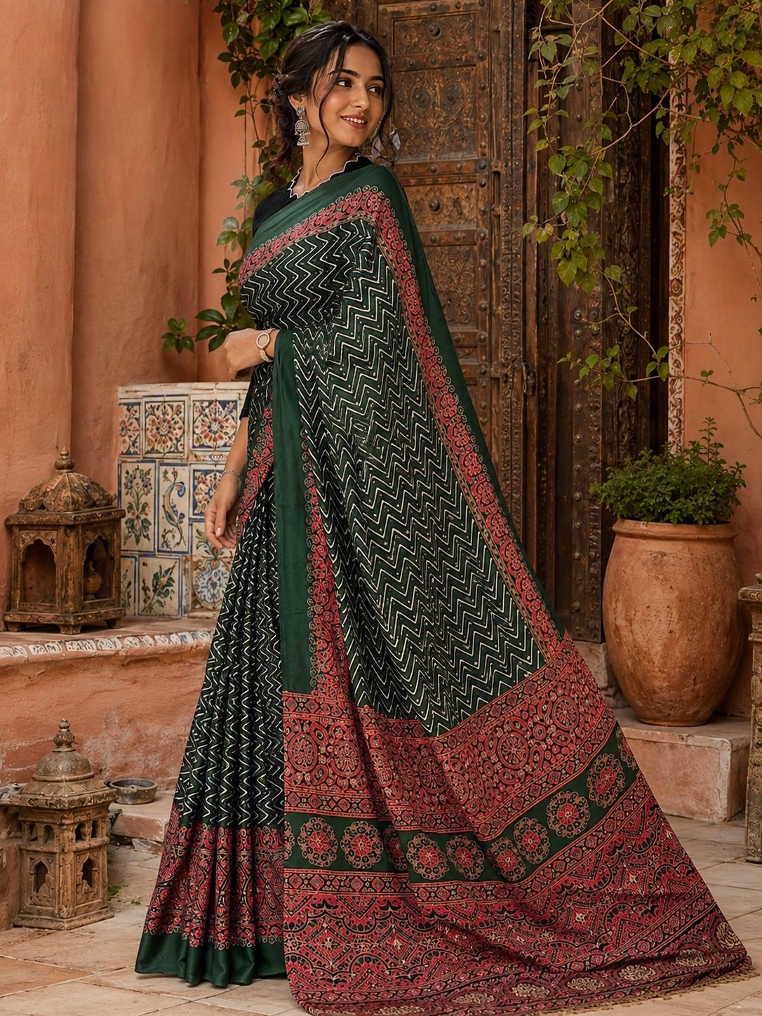 Premium Satin Silk Ajrarakh Print Saree With Unstitched Blouse(bottle Green) image 3