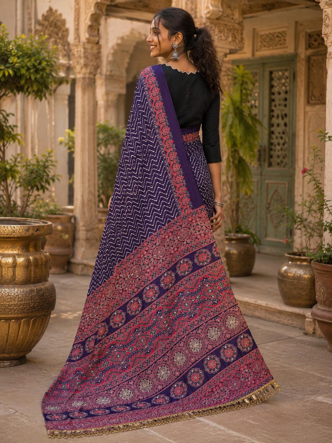 Premium Satin Silk Ajrarakh Print Saree With Unstitched Blouse(purple) image 3